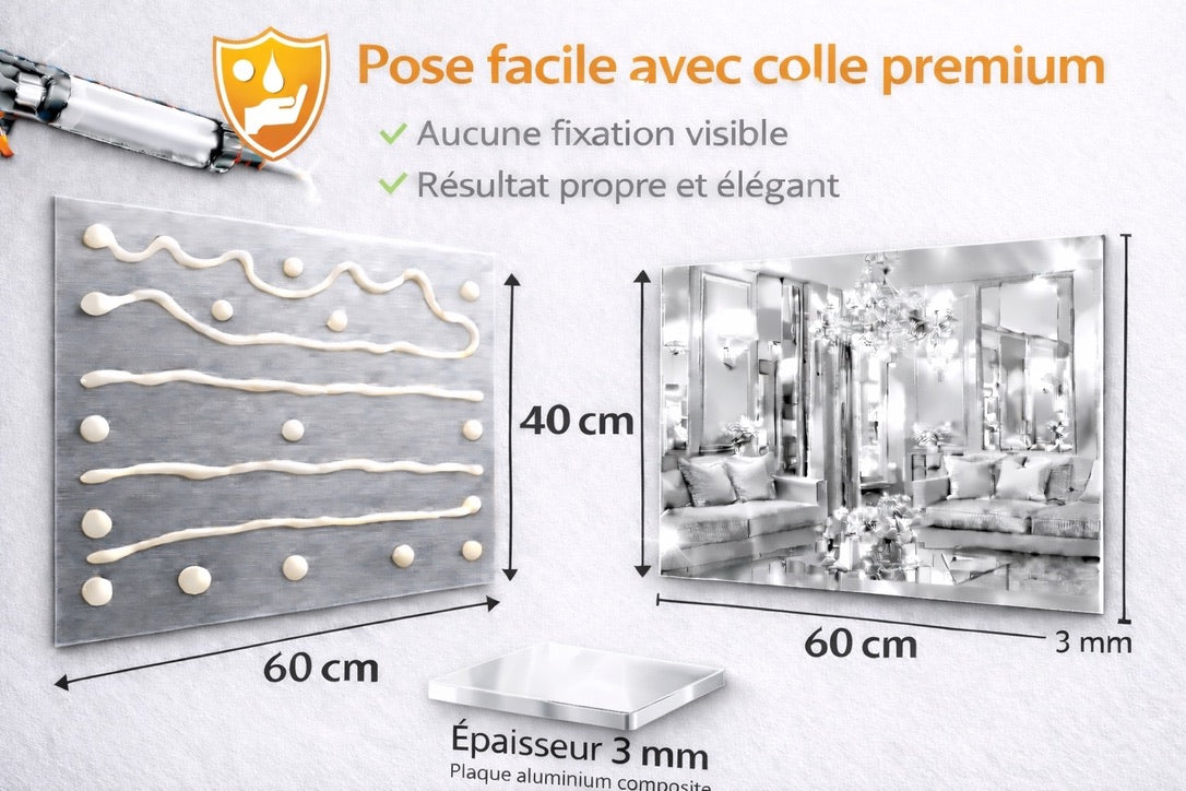Plaque Décorative Aluminium Effet Miroir Argent – 60 × 40 cm – 3 mm – Incassable – Décoration Murale Intérieure